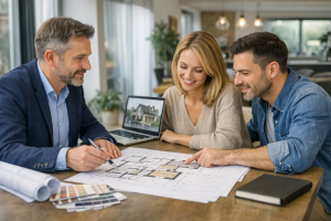 architect discussing house plans with homeowner UK consultation