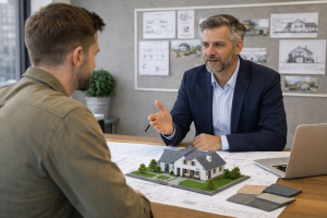 esidential construction site with architect overseeing project UK