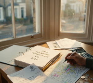 The desk is covered with documents essential for a UK property developer. In the center is a thick white ring binder with the title "HMO PLANNING PERMISSION UK 2026" printed clearly on the cover. Next to it lies an official-looking document with a local council crest, titled "HMO LICENSING & COMPLIANCE." A person's hand is visible, holding a pen over a detailed street map that has various property plots highlighted in pink and yellow.