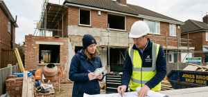 A female homeowner and an architect review plans on a UK construction site, with a brick house under renovation in the background, surrounded by scaffolding and materials. The cost of hiring an architect on-site, a key component of Architect Costs in the UK, is influenced by the project's complexity and the professional's level of direct involvement.