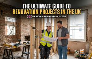 A professional high-quality blog header titled "The Ultimate Guide to Renovation Projects in the UK." The image features a female contractor in a hard hat and high-visibility vest discussing floor plans with a male homeowner inside a British house under construction. The interior shows exposed brickwork, timber framing, and various construction tools, capturing an authentic "fixer-upper" atmosphere.