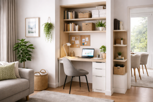  “Small home office corner with smart storage and compact design optimized by Muse Architects in the UK”