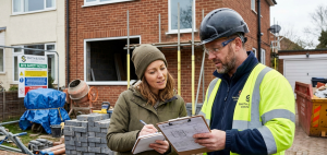 A professional contractor in a high-visibility vest and hard hat reviewing floor plans on a clipboard with a female homeowner on a UK residential construction site. In the background, a brick house undergoes renovation with scaffolding, a cement mixer, and a "Site Safety Notice" sign. When hiring a contractor in the UK, it is essential to review credentials and check site references before commencing work.