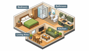 granny annexe layout showing bedroom bathroom kitchen and living space UK