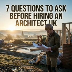 An architect in a hard hat and olive jacket reviewing blueprints on a UK construction site at sunrise. 