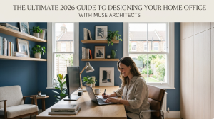 A woman smiling while working at a light oak desk in a modern UK home office. The room features a deep blue accent wall, floating wooden shelves with plants and books, and large sash windows overlooking a traditional British residential street. A beige header at the top contains the title: "The Ultimate 2026 Guide to Designing Your Home Office with Muse Architects."