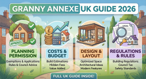 An informative blog header titled "GRANNY ANNEXE UK GUIDE 2026." The image features a bright, illustrative garden background with four distinct panels covering key topics: Planning Permission (showing an approved small house), Costs & Budget (with a calculator and coins), Design & Layout (showing a modern interior), and Regulations & Rules (featuring legal documents). A button at the bottom reads "fULL UK GUIDE INSIDE!