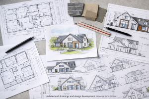 architectural drawings and design process sketches for UK residential project