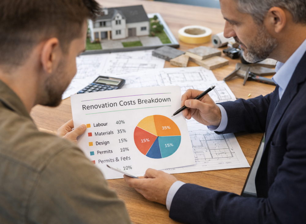 ALT Text: renovation costs breakdown UK showing materials labour and planning expenses 
