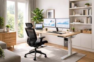 “Modern ergonomic home office setup in the UK with adjustable desk, ergonomic chair, and natural lighting by Muse Architects”