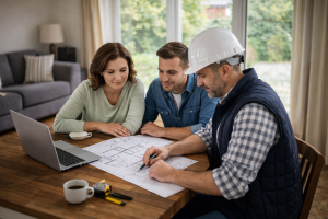 homeowner discussing renovation plans with contractor UK