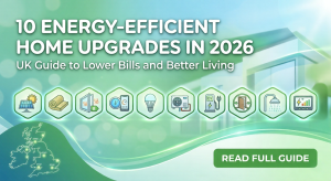 A professional blog banner titled '10 Energy-Efficient Home Upgrades in 2026: UK Guide to Lower Bills and Better Living'. The design features a modern, eco-friendly green theme with a blurred house background and an outline map of the UK.. A prominent 'READ FULL GUIDE' button is in the bottom right