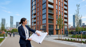 Architect with plans in front of modern UK property development
