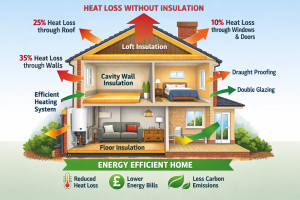 home insulation and heat loss diagram showing energy efficiency improvements UK