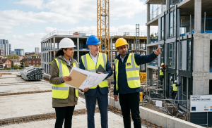 A diverse group of three property professionals—an architect, an investor, and a site manager—standing on a modern UK construction site in 2026. They are wearing hard hats and high-visibility vests while reviewing architectural floor plans and pointing toward a multi-story concrete building frame under development.
