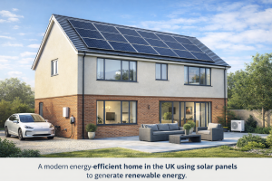 modern UK home with solar panels showing energy efficient upgrade