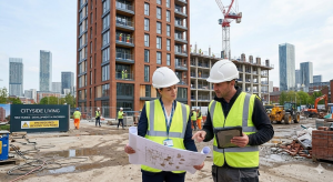 Architect inspecting construction site during building phase”