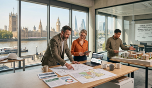  A professional office setting in London where three urban planners are reviewing architectural blueprints and a 3D housing model. In the background, a large window offers a clear view of the River Thames, the Palace of Westminster, and the Shard. A whiteboard displays "UK Planning System 2026" with notes on Green Belt policy and Biodiversity Net Gain.