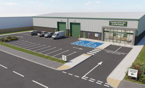 Warehouse frontage, parking layout, and customer access design for trade counter conversion