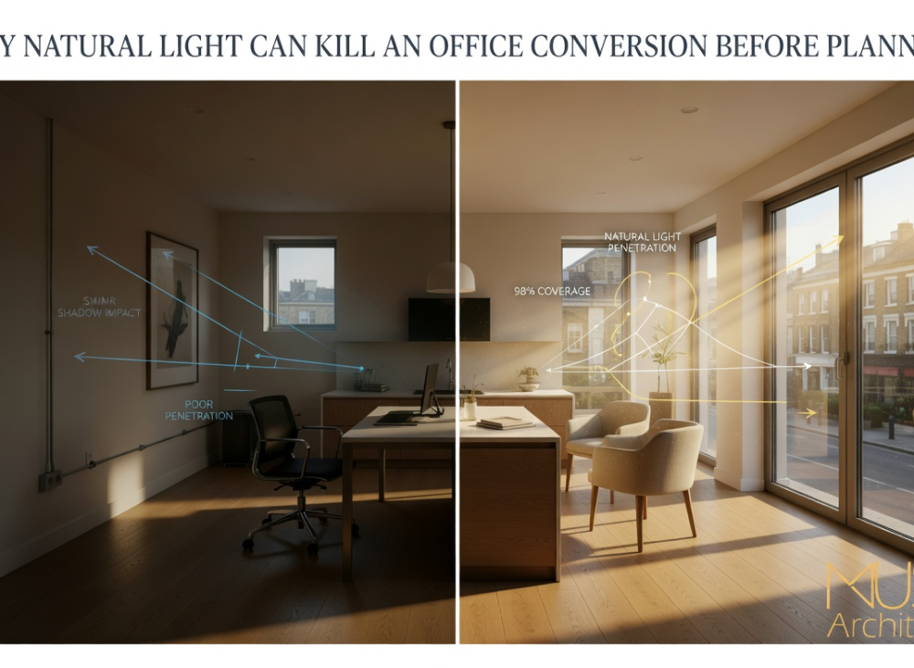Comparison of bright and poorly lit apartment interiors in an office conversion, showing how natural light impacts unit quality, value, and market appeal.