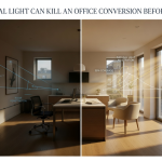 Comparison of bright and poorly lit apartment interiors in an office conversion, showing how natural light impacts unit quality, value, and market appeal.