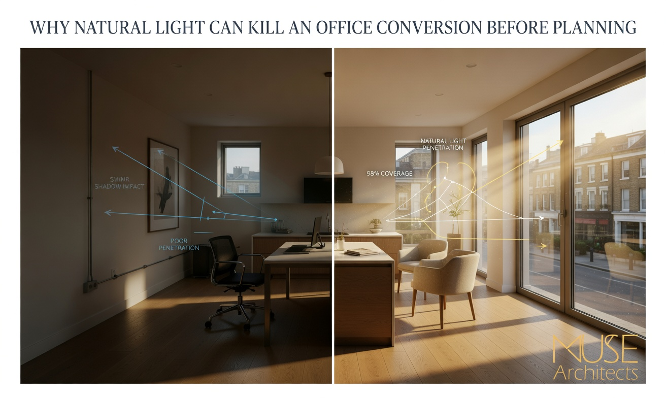 Comparison of bright and poorly lit apartment interiors in an office conversion, showing how natural light impacts unit quality, value, and market appeal.