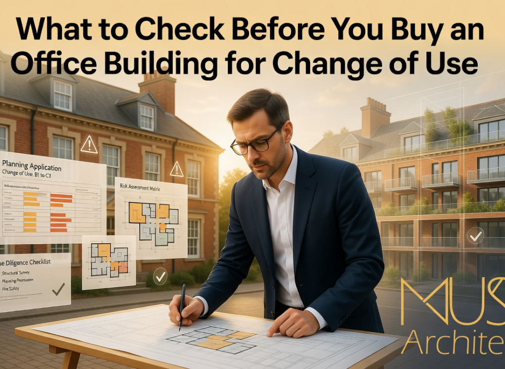 Architect reviewing office building plans and feasibility documents before conversion purchase decision.