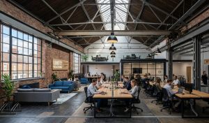 Warehouse converted into modern office workspace with open-plan layout and industrial design features in the UK