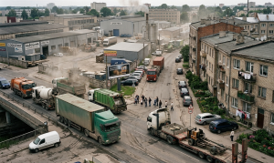 Industrial warehouse area with heavy vehicles and operations showing conflict with residential use