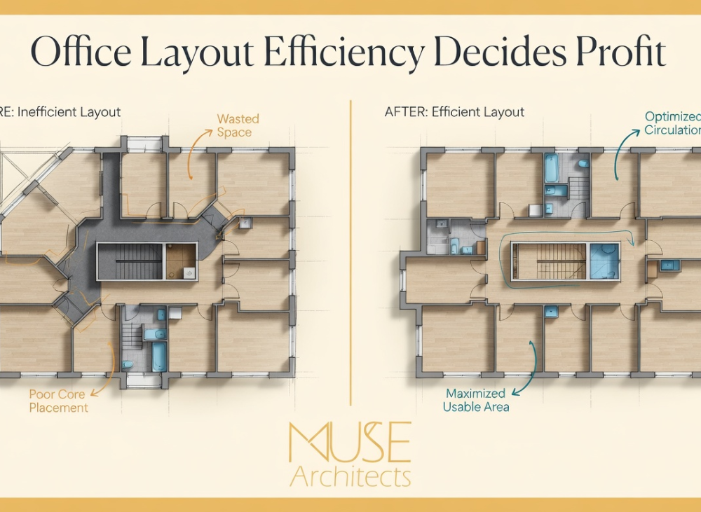 Comparison of efficient and inefficient floor plans in an office conversion showing impact on usable space, unit yield, and overall profitability.