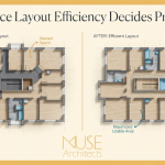 Comparison of efficient and inefficient floor plans in an office conversion showing impact on usable space, unit yield, and overall profitability.