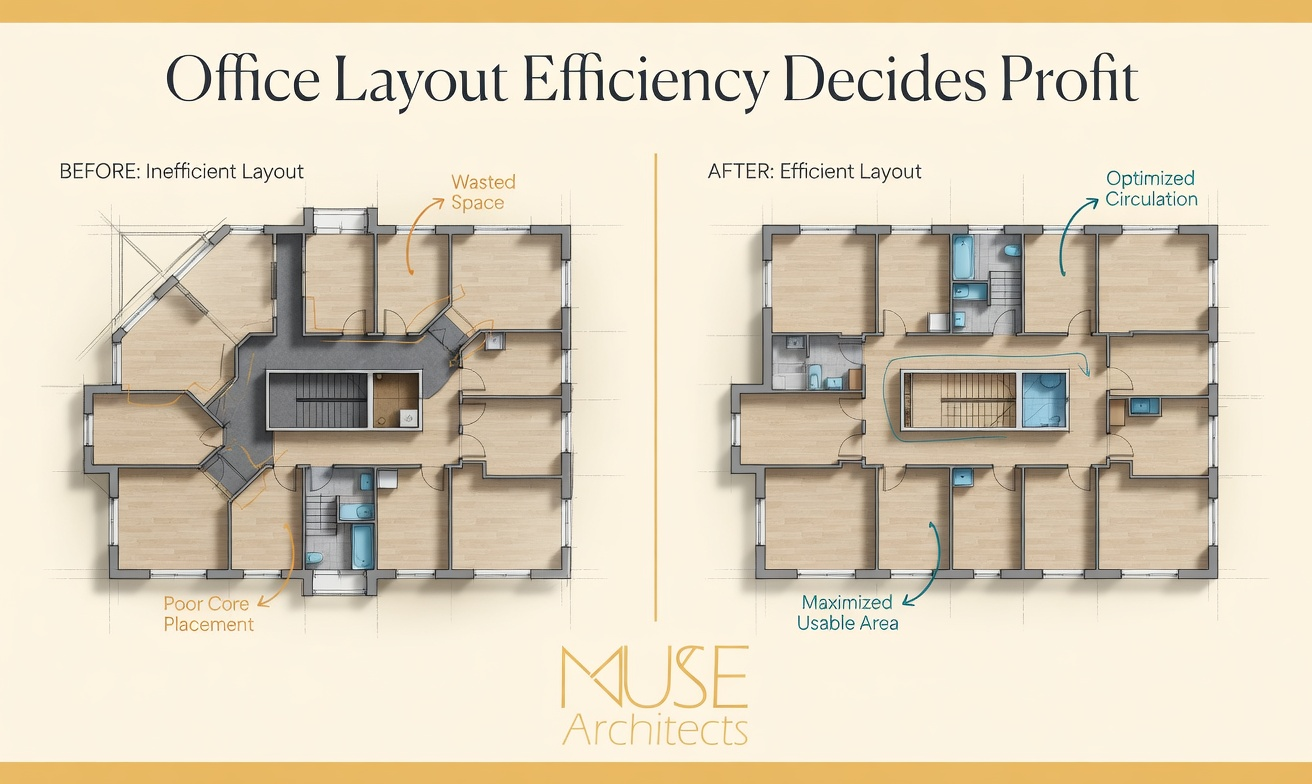 Comparison of efficient and inefficient floor plans in an office conversion showing impact on usable space, unit yield, and overall profitability.