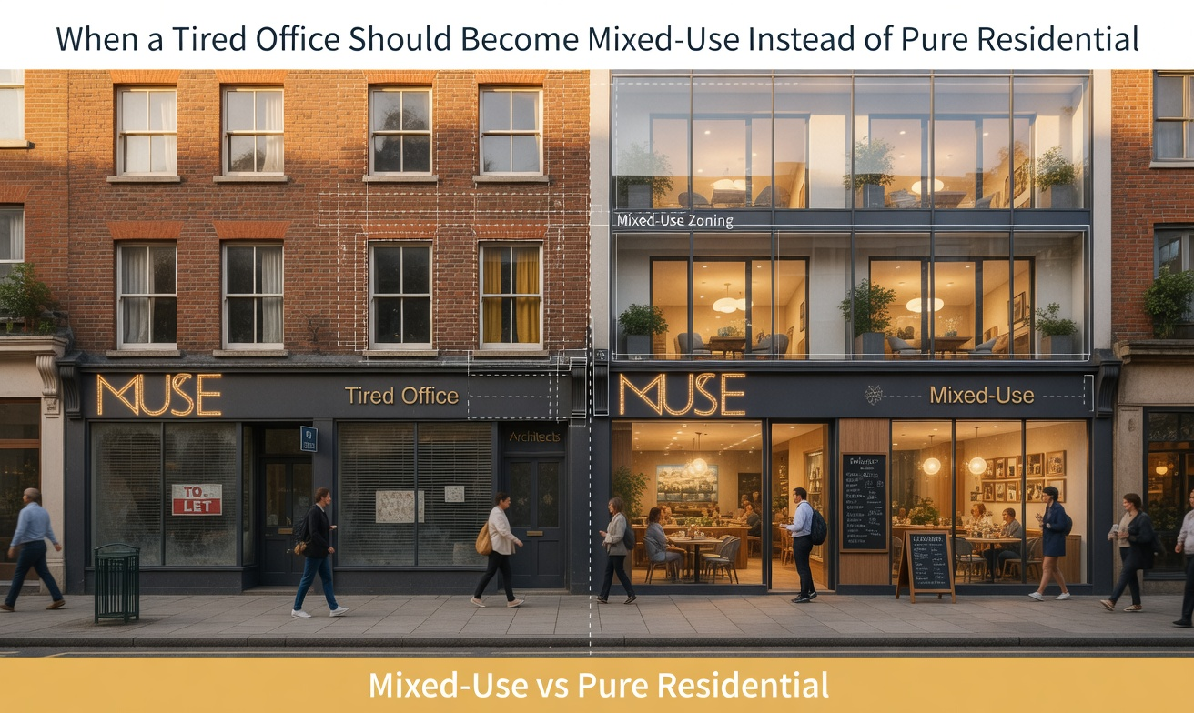 Mixed-use building showing active street-level commercial space with residential units above in a town-centre conversion.