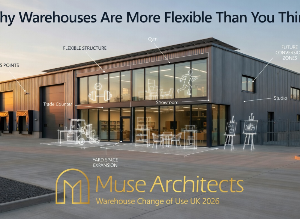 Warehouse exterior in the UK showing industrial buildings suitable for change of use.