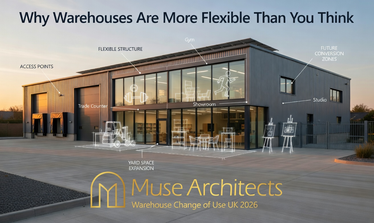 Warehouse exterior in the UK showing industrial buildings suitable for change of use.