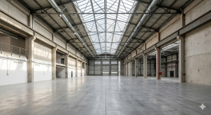 Open interior of a warehouse with high ceilings and flexible layout for gym