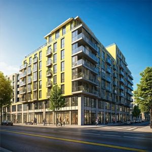 Diagram showing diversified income streams from a mixed-use development with commercial and residential components.