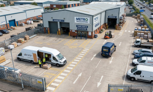 Trade counter yard with van loading, vehicle circulation, and operational flow in an industrial unit