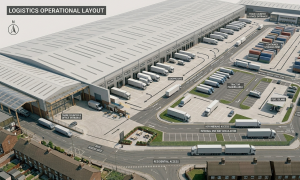 Warehouse site with large yard space and truck circulation showing access and operational layout