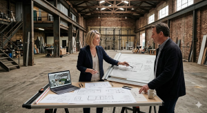 Architect consulting client on warehouse-to-gym conversion feasibility