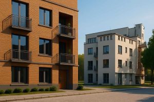 Building facade with structured window rhythm influencing apartment layout and natural light distribution.
