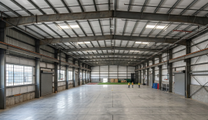 Industrial warehouse interior showing clear span, ceiling height, and structural layout for sports facility conversion