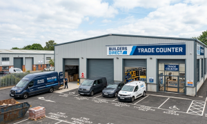 Warehouse converted into a trade counter unit with customer parking, signage, and van access in the UK