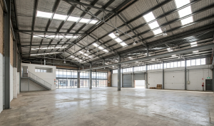 Industrial warehouse interior with strong natural light and rooflights suitable for office conversion