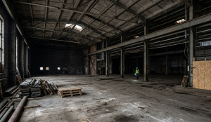 Warehouse interior with deep floor plate and limited natural light showing residential conversion challenges