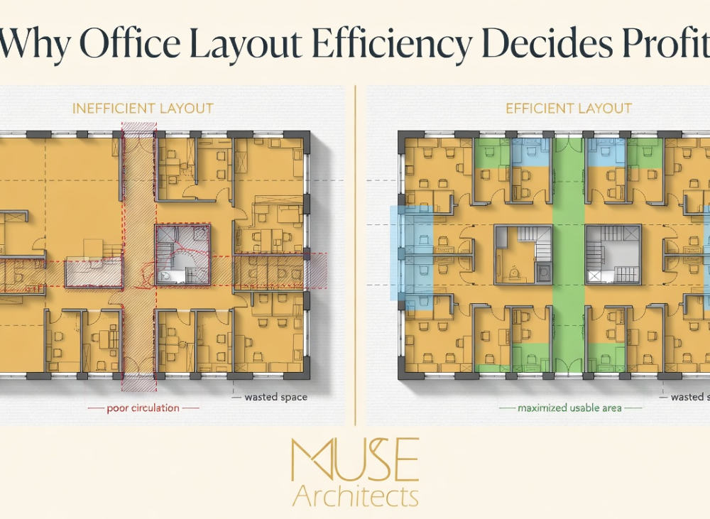 Comparison of efficient and inefficient office conversion layouts showing impact on usable space and profitability.