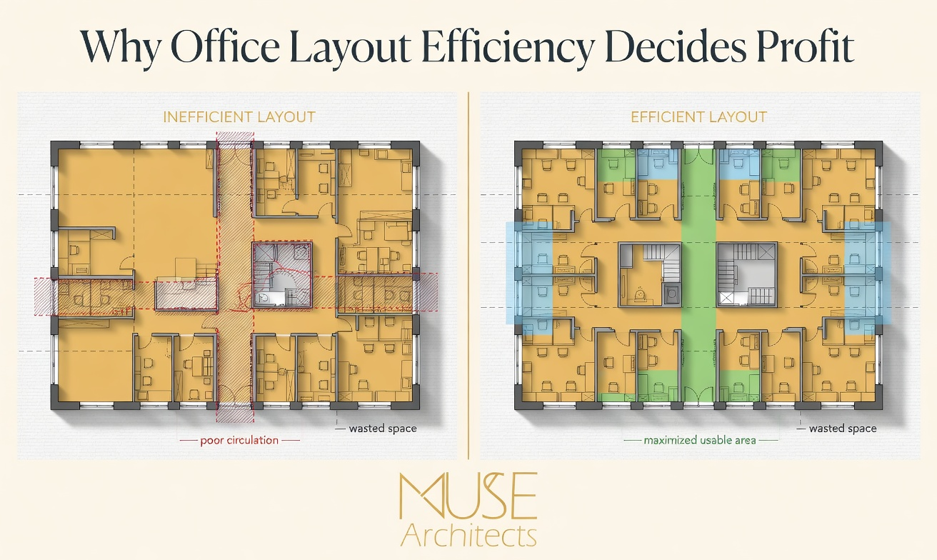 Comparison of efficient and inefficient office conversion layouts showing impact on usable space and profitability.