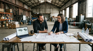 Architect reviewing warehouse-to-gym conversion plans with client