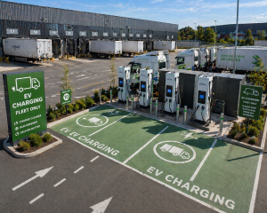 Dedicated EV charging area for fleet vehicles in warehouse yard with organised layout