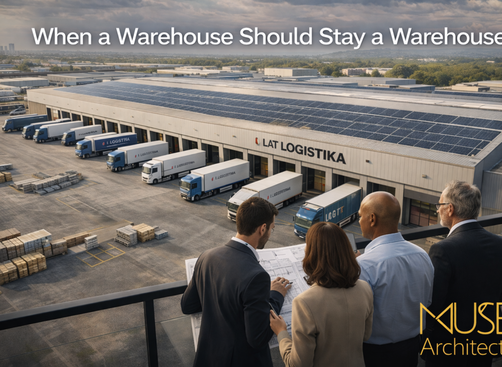 Operational warehouse in the UK with active loading yard and vehicles showing functional industrial use